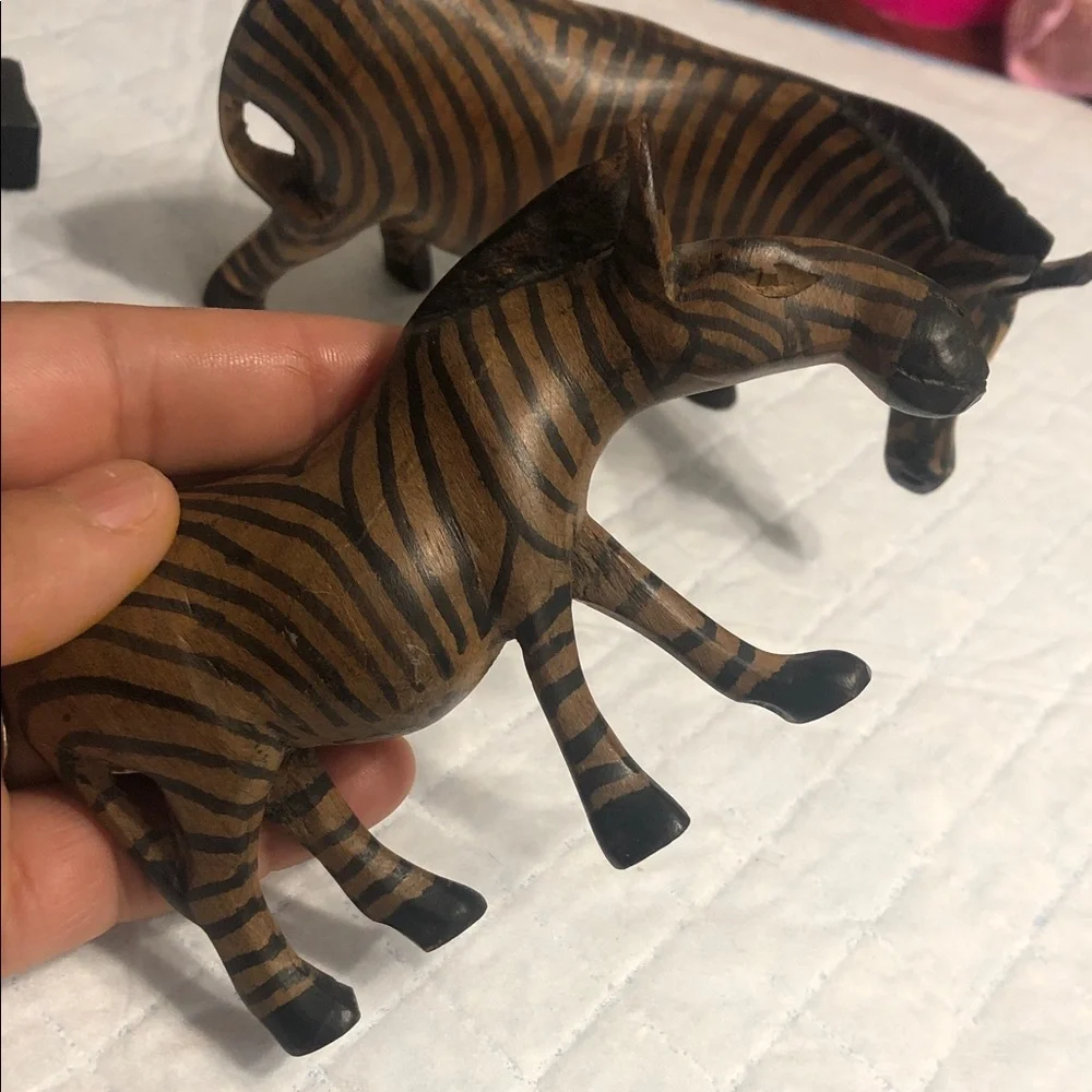 Vintage Brown and Black Striped Zebra Wood Figurines